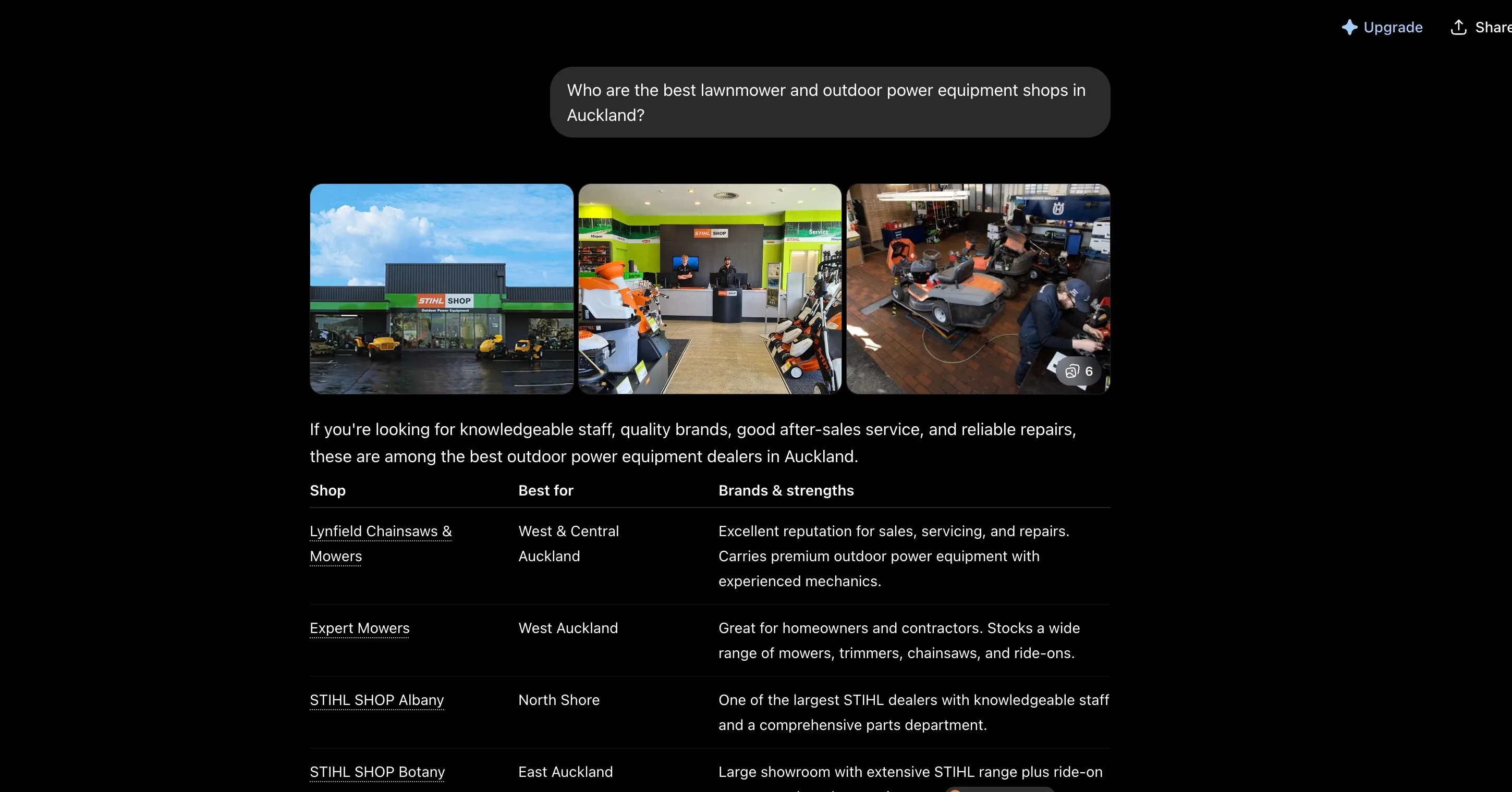 ChatGPT answer listing Auckland mower shops, not including Better Mower and Heating