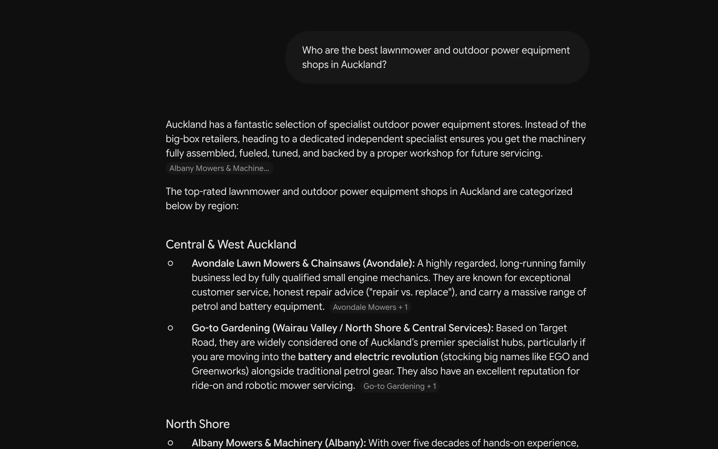 Gemini answer listing Auckland mower shops by region, not including Better Mower and Heating
