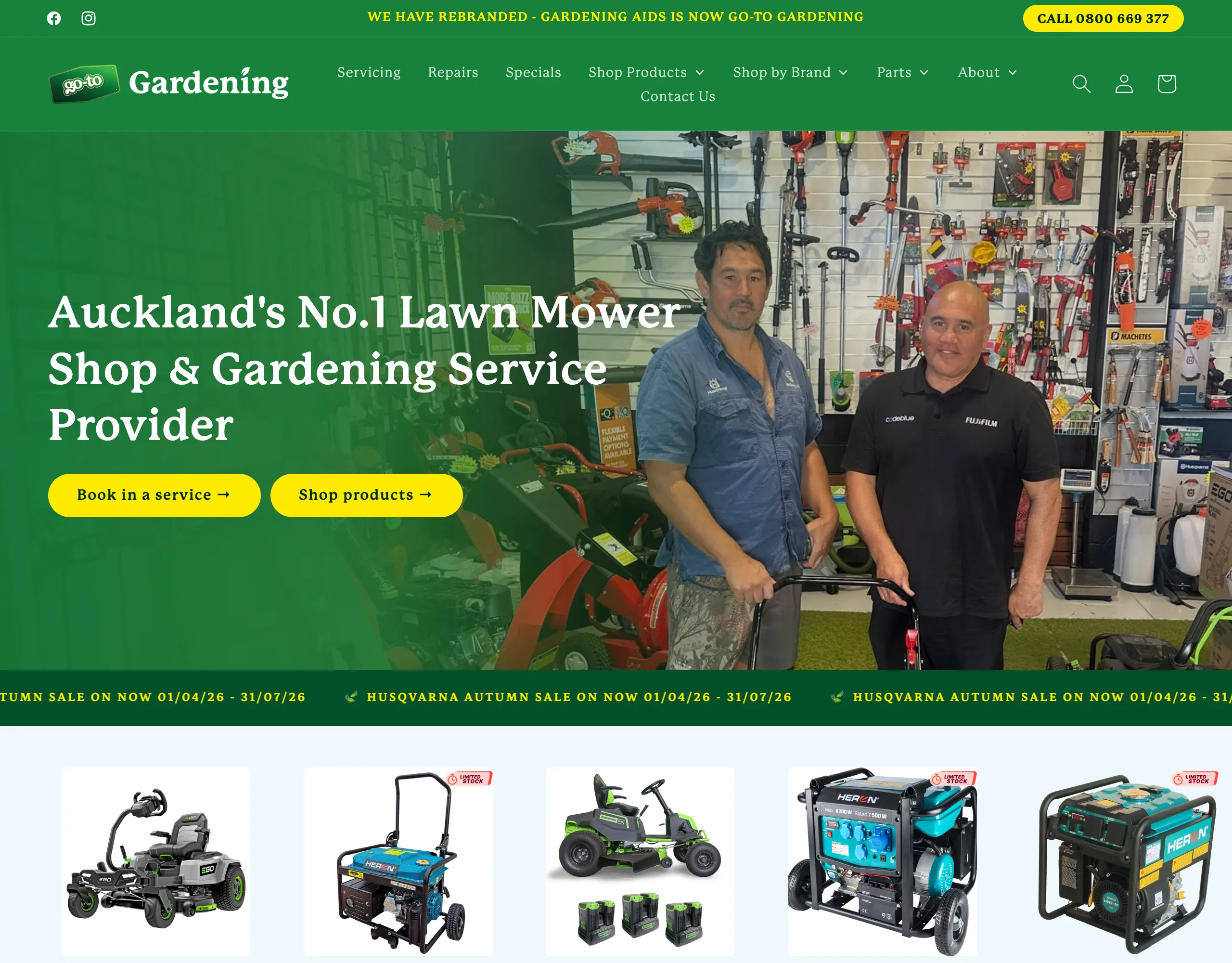 Go-to Gardening website, a modern Shopify mower store