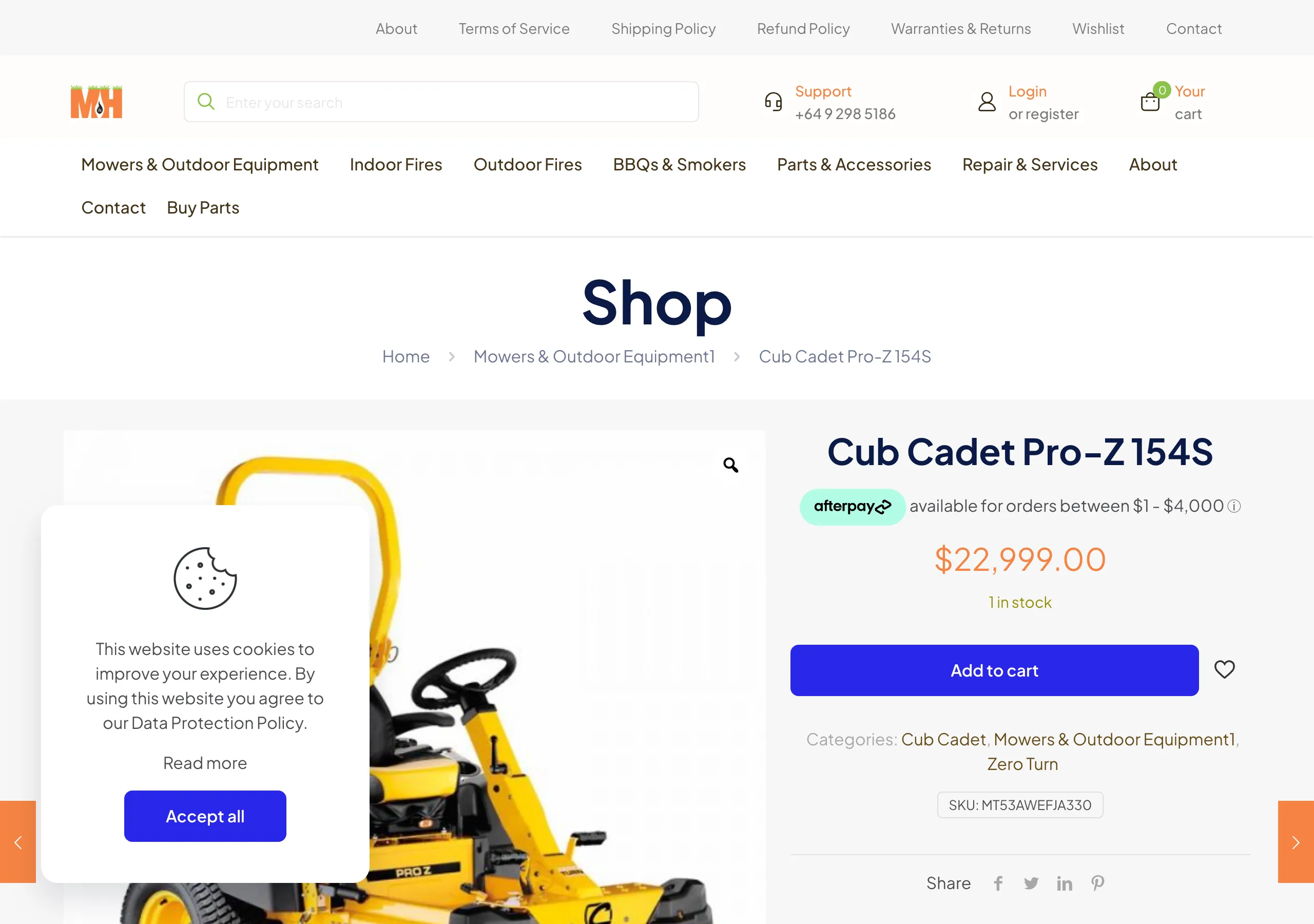 A product page showing a 22,999 dollar mower with a confusing 1 to 4000 payment notice