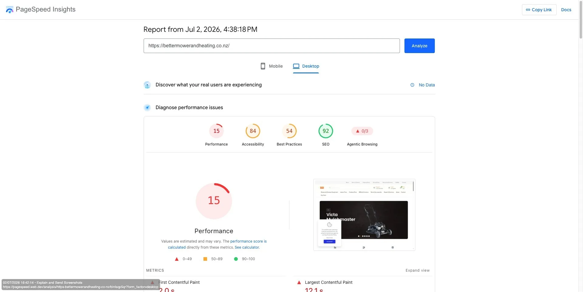 Google PageSpeed Insights desktop result showing a 15 performance score
