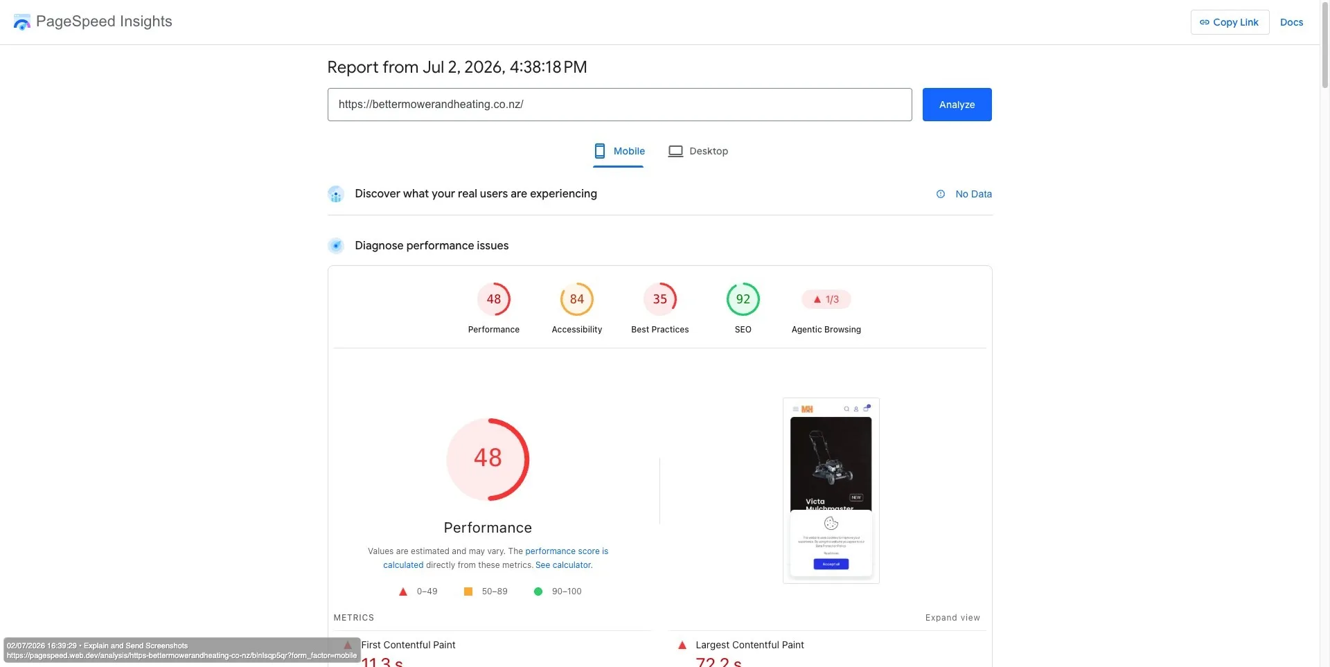 Google PageSpeed Insights mobile result showing a 48 performance score