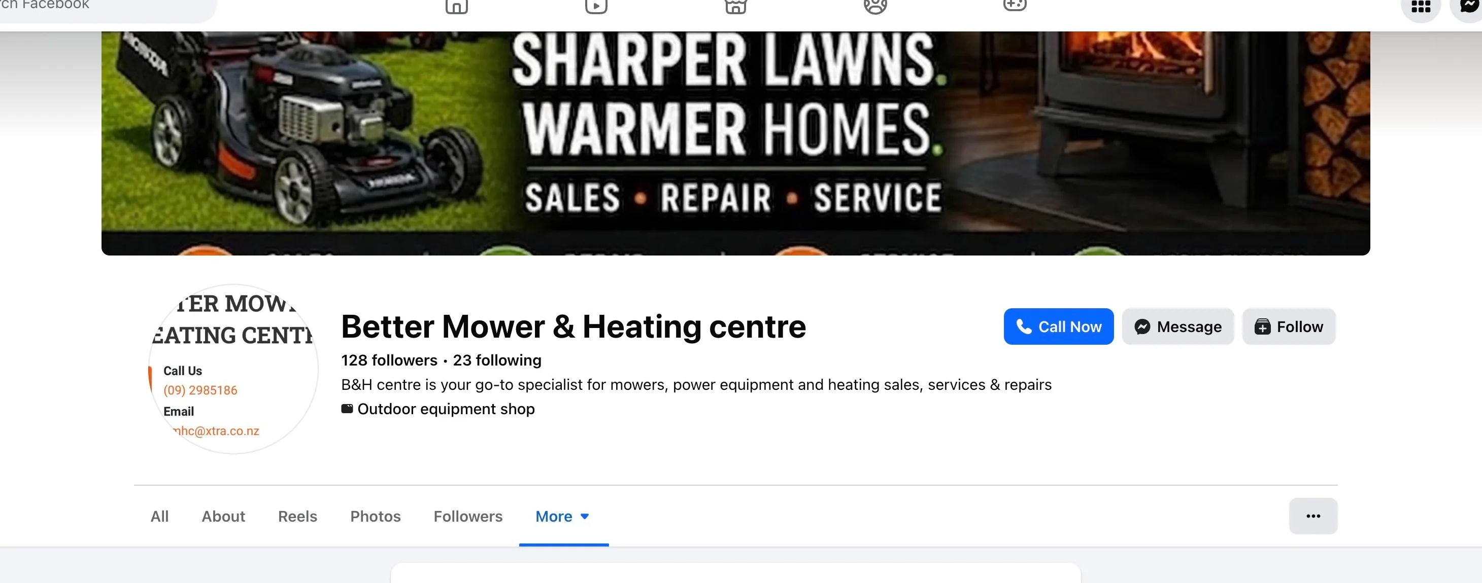 Better Mower and Heating Centre Facebook page with 128 followers